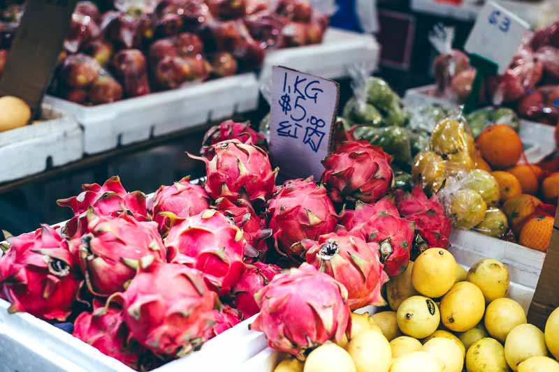 Dragon fruit for sale in a grocery store