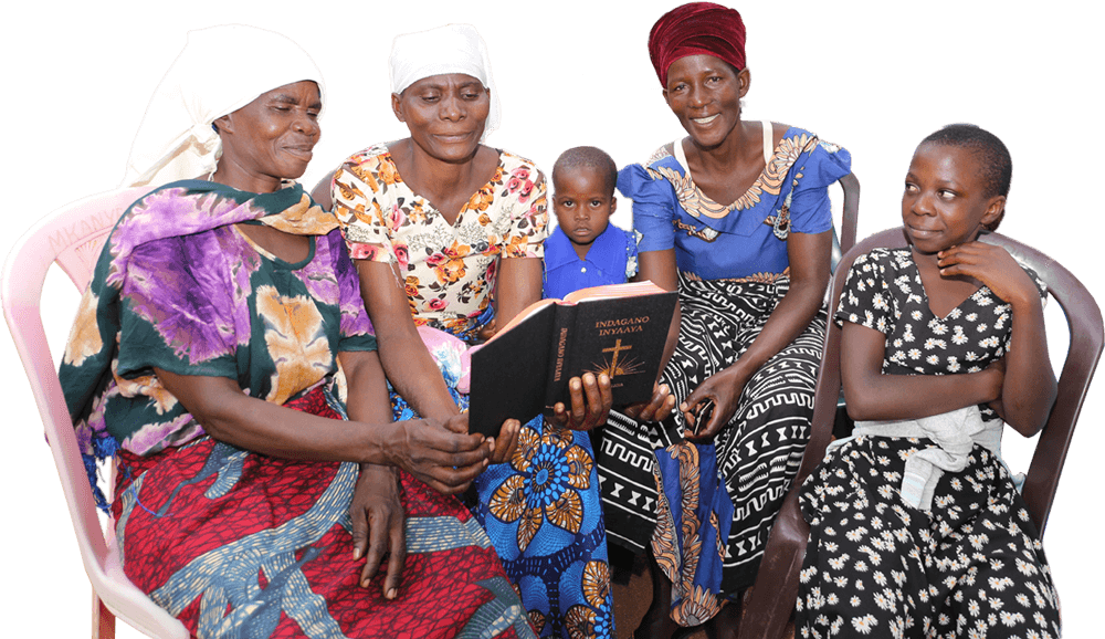 Group of women, child, and girl reading Scripture