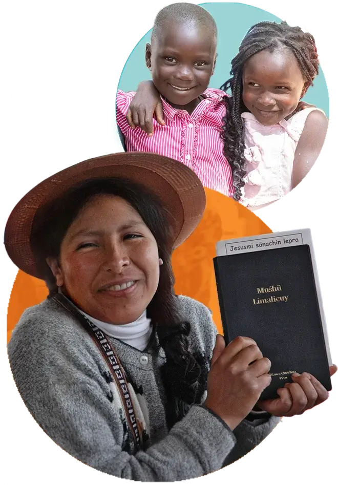 two children and woman holding a bible